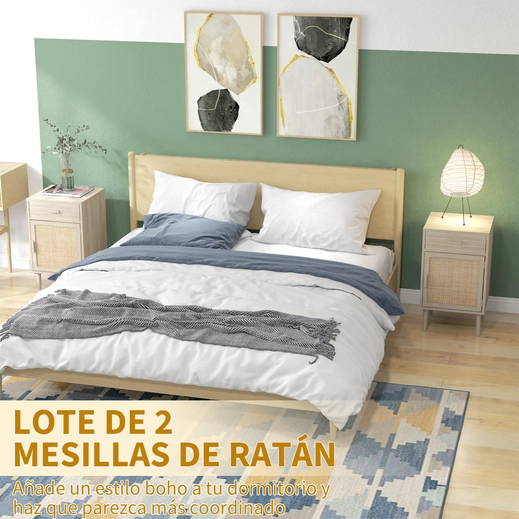 Tavolino da Notte con Cassetto ¨C zephmum ¨C Rattan, Legno Rovere, 40x40x68,5 cm