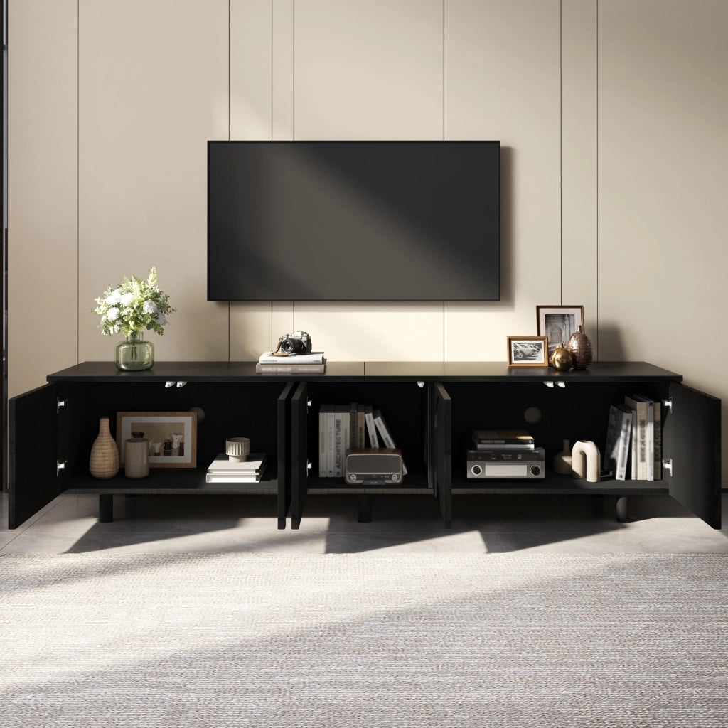 Mobile porta TV con 5 ante, fori passacavi e piedini in metallo, per soggiorno, in MDF e PB, nero, 180 × 38 × 45 cm