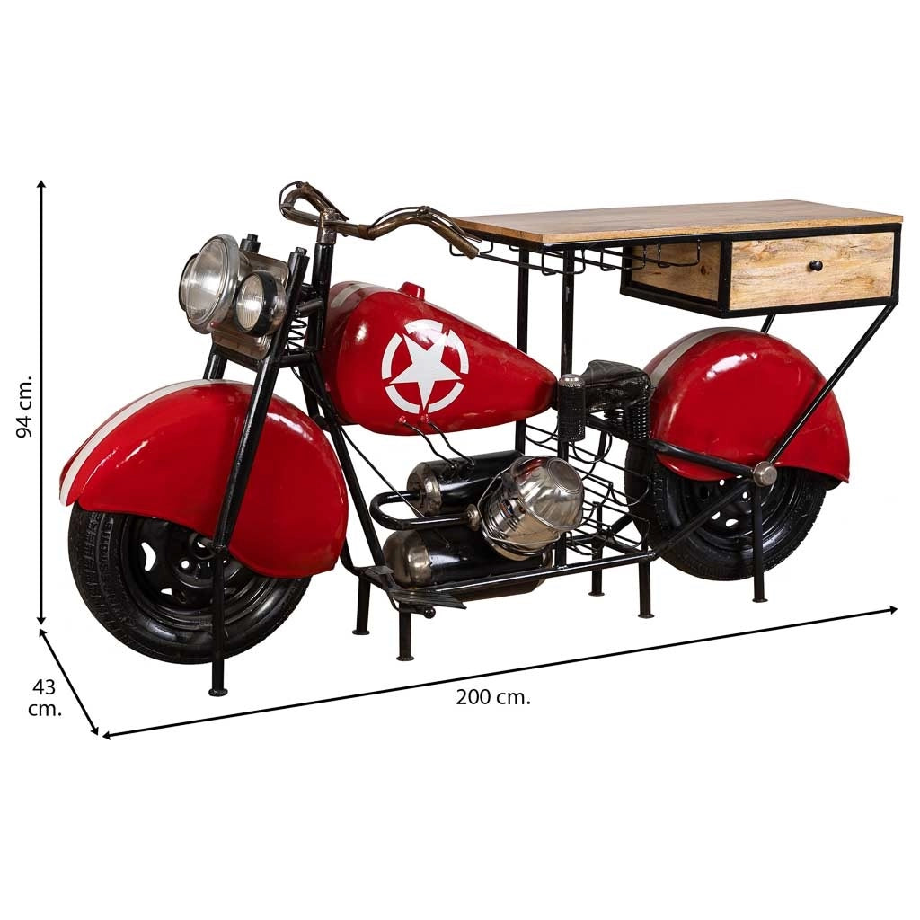 Barra portabottiglie moto in legno rosso e metallo 200x43x94h
