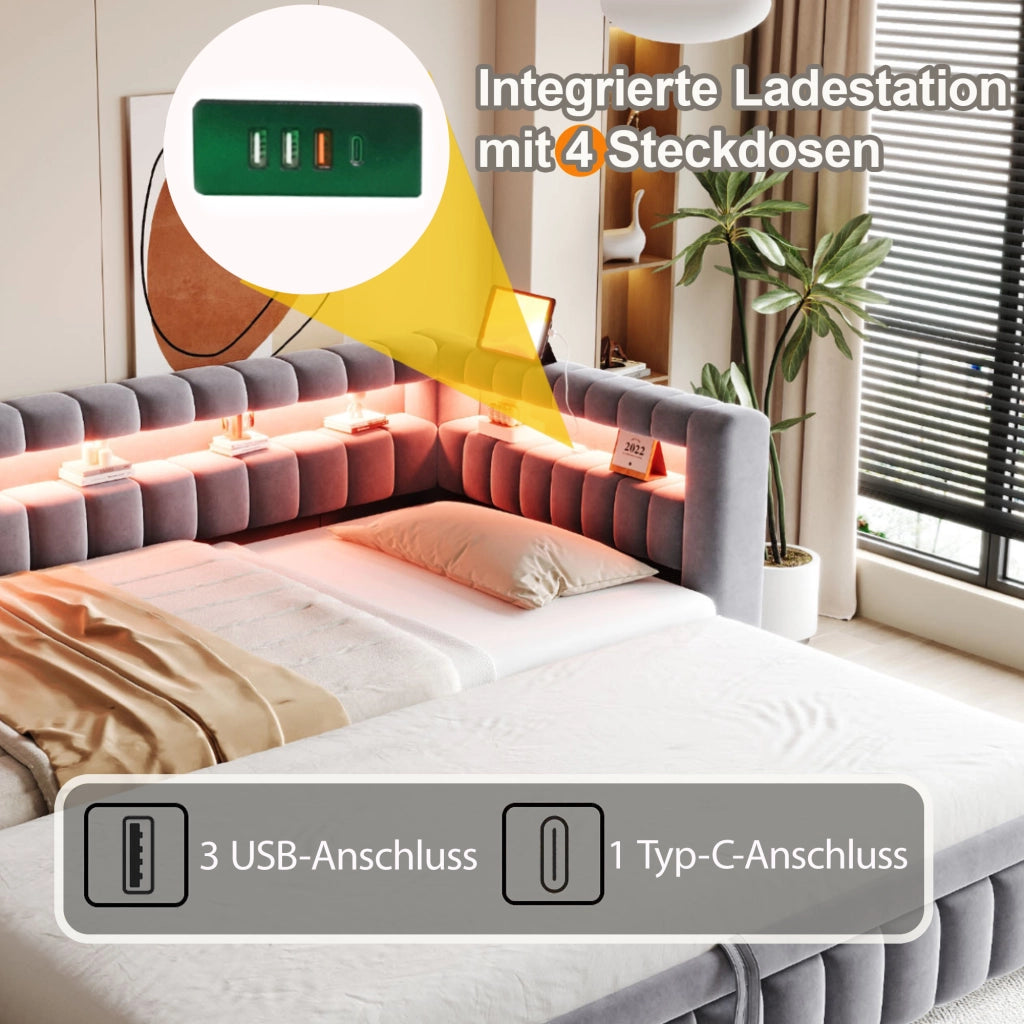 Letto estraibile 90 × 200 cm con illuminazione LED, ripiani, USB e Type-C, senza materasso, grigio