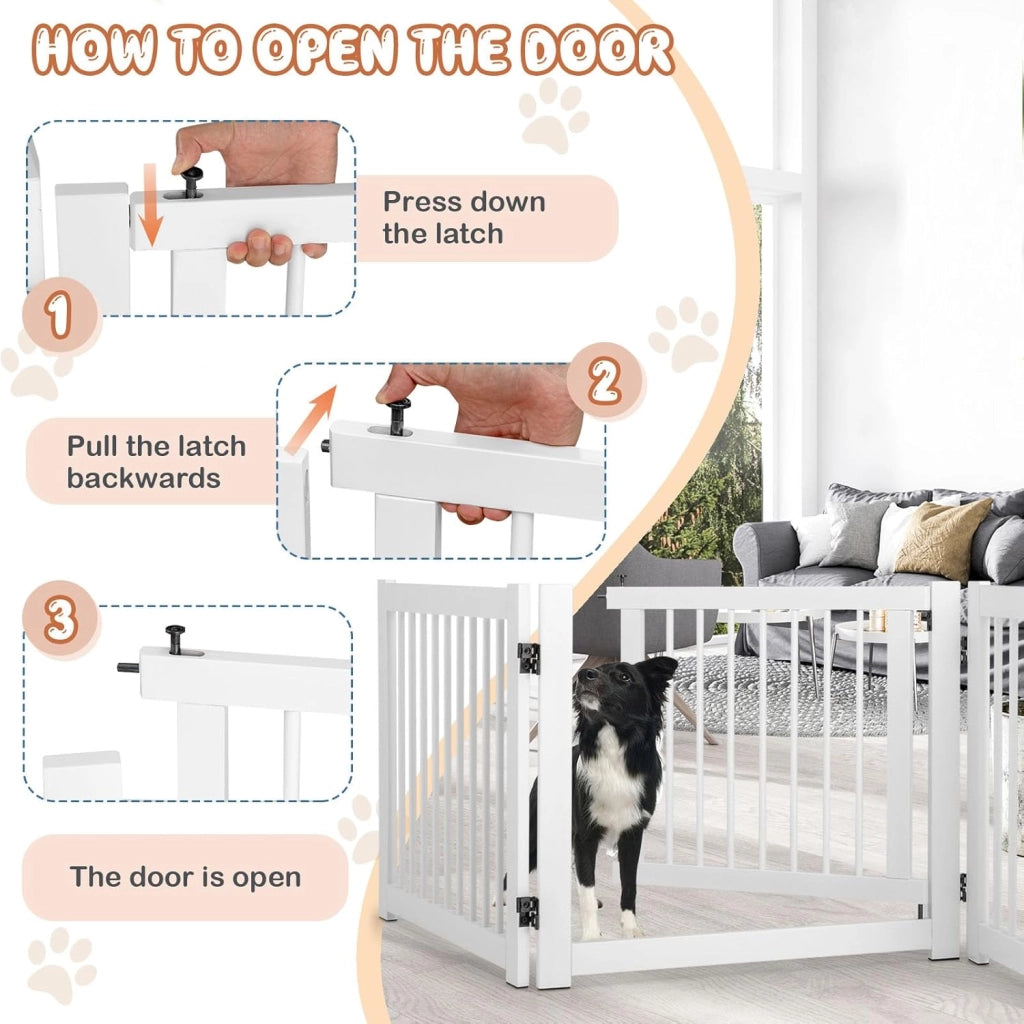 Cancelletto per Cani Pieghevoli 210 x 61 cm, Barriera per Cani in Legno a 3 Pannelli con Porta a Serratura, Recinzione per Scale, Ingressi e Corridoi (Bianco)