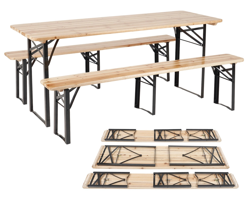 Set Birreria 220 x 70 Cm XXL 10 Posti 3 Pezzi 2 Panche 1 Tavolo Pieghevole Panca Da Feste Sagra Legno Abete Struttura Acciaio Richiudibile