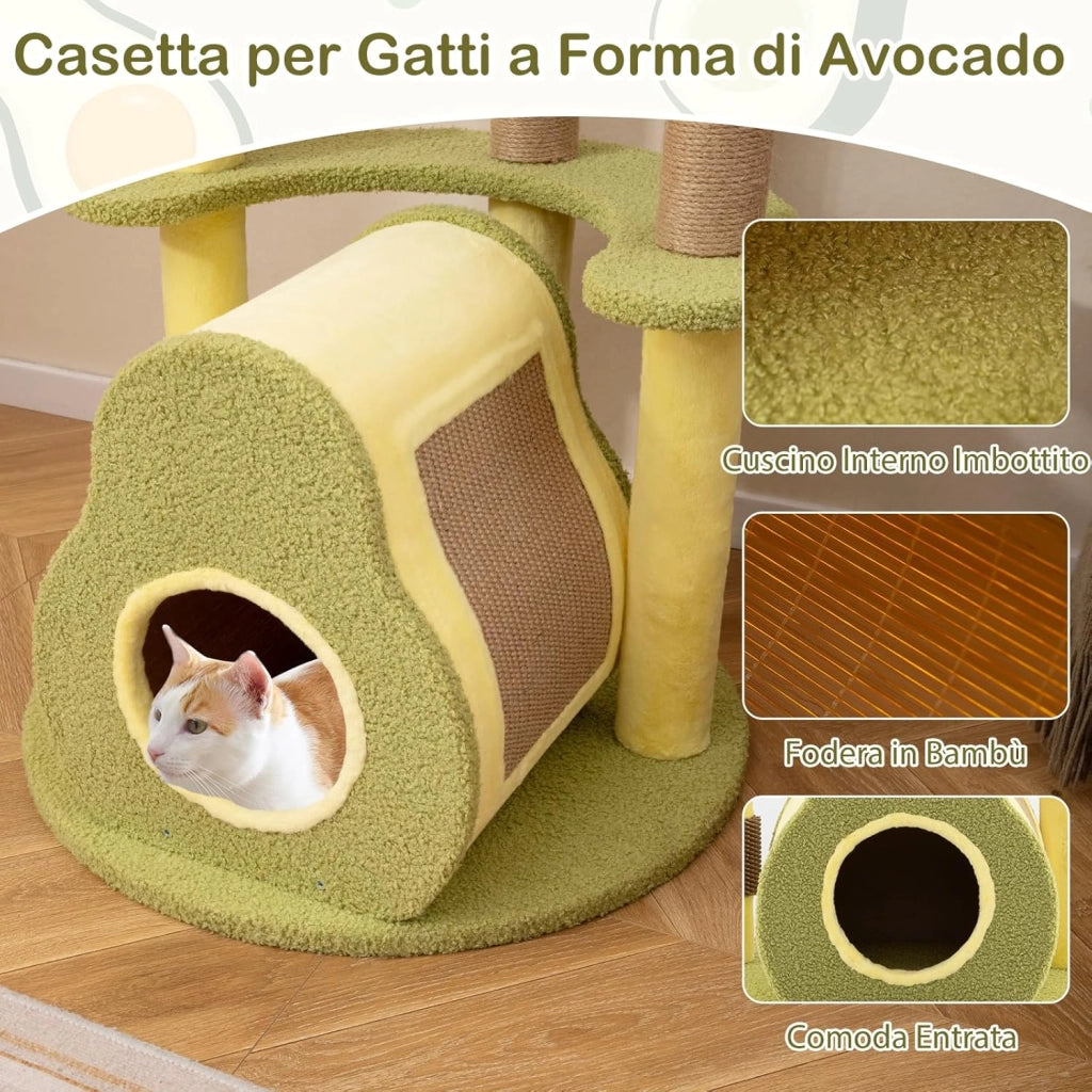 Albero per Gatti Multilivello 125 cm Stile Avocado, Tiragraffi Gatto con 3 Pali in Sisal, 4 Piattaforme, 2 Pompon e Grotta, Cuccia Albero Gatto Imbottito in Peluche con Tavola di Juta
