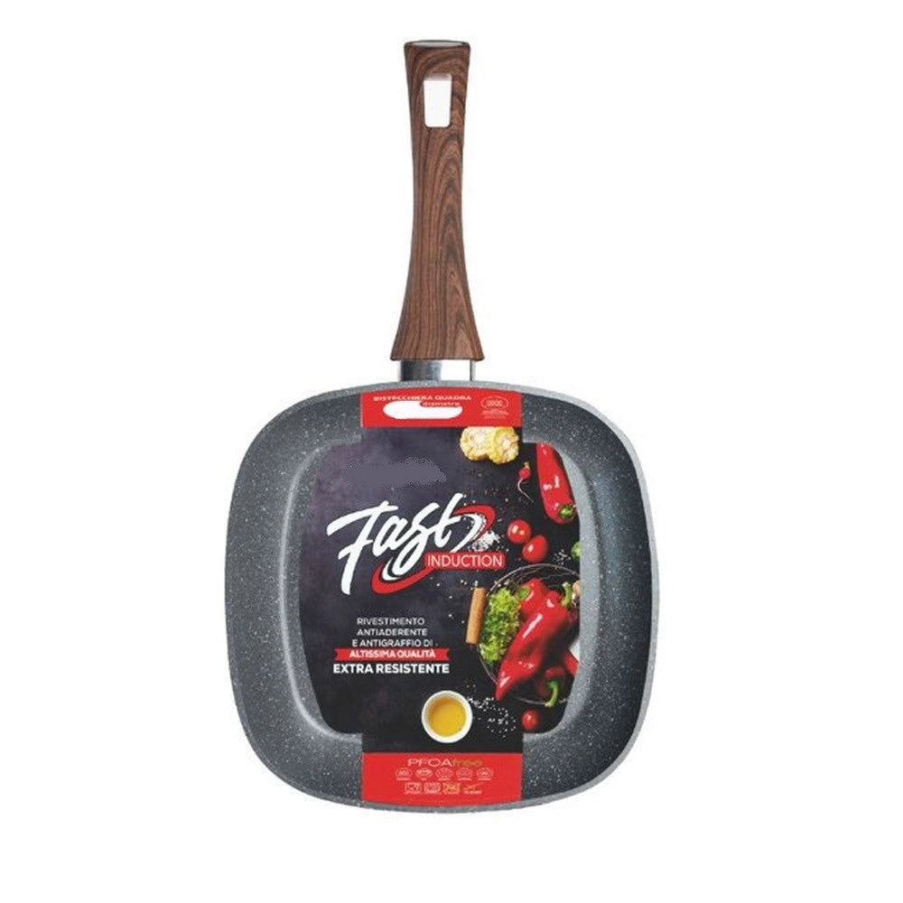 Trade Shop - Bistecchiera Quadrata Antiaderente Antigraffio Per Induzione Manico Legno Da 24x24/28x28cm -