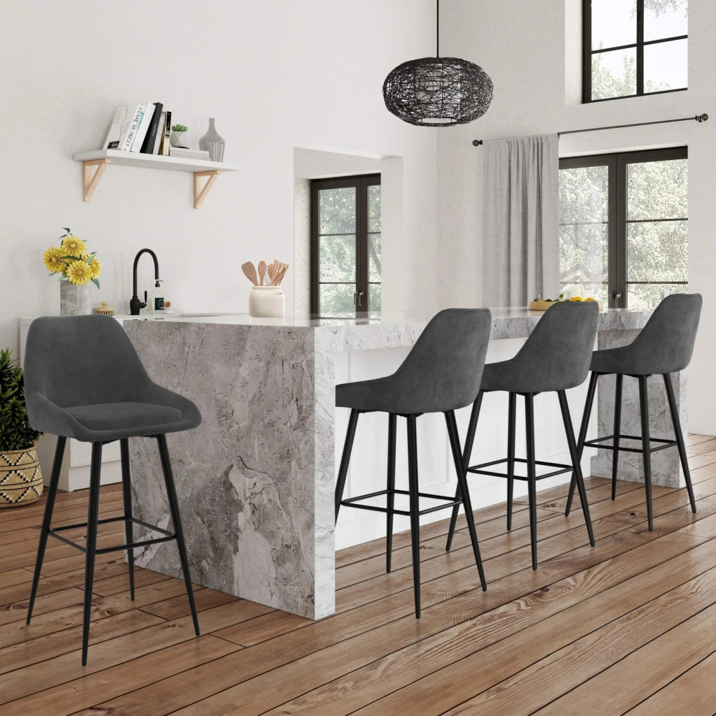 IDMarket - Set di 4 sgabelli da bar THALYA in velluto grigio scuro con mezzi braccioli