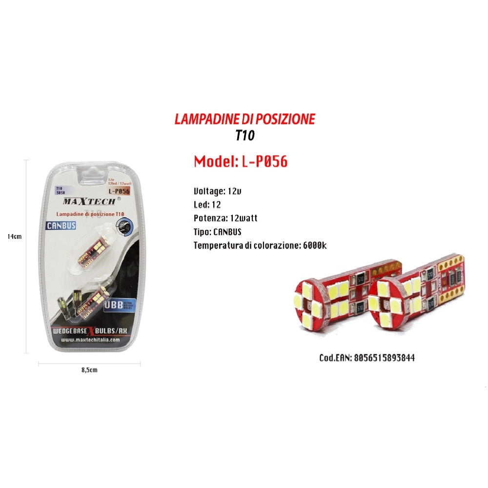 Trade Shop - Lampadine Di Posizione Canbus Maxtech L-p056 12v 12 Led 12w Ultra Luminose 6000k -