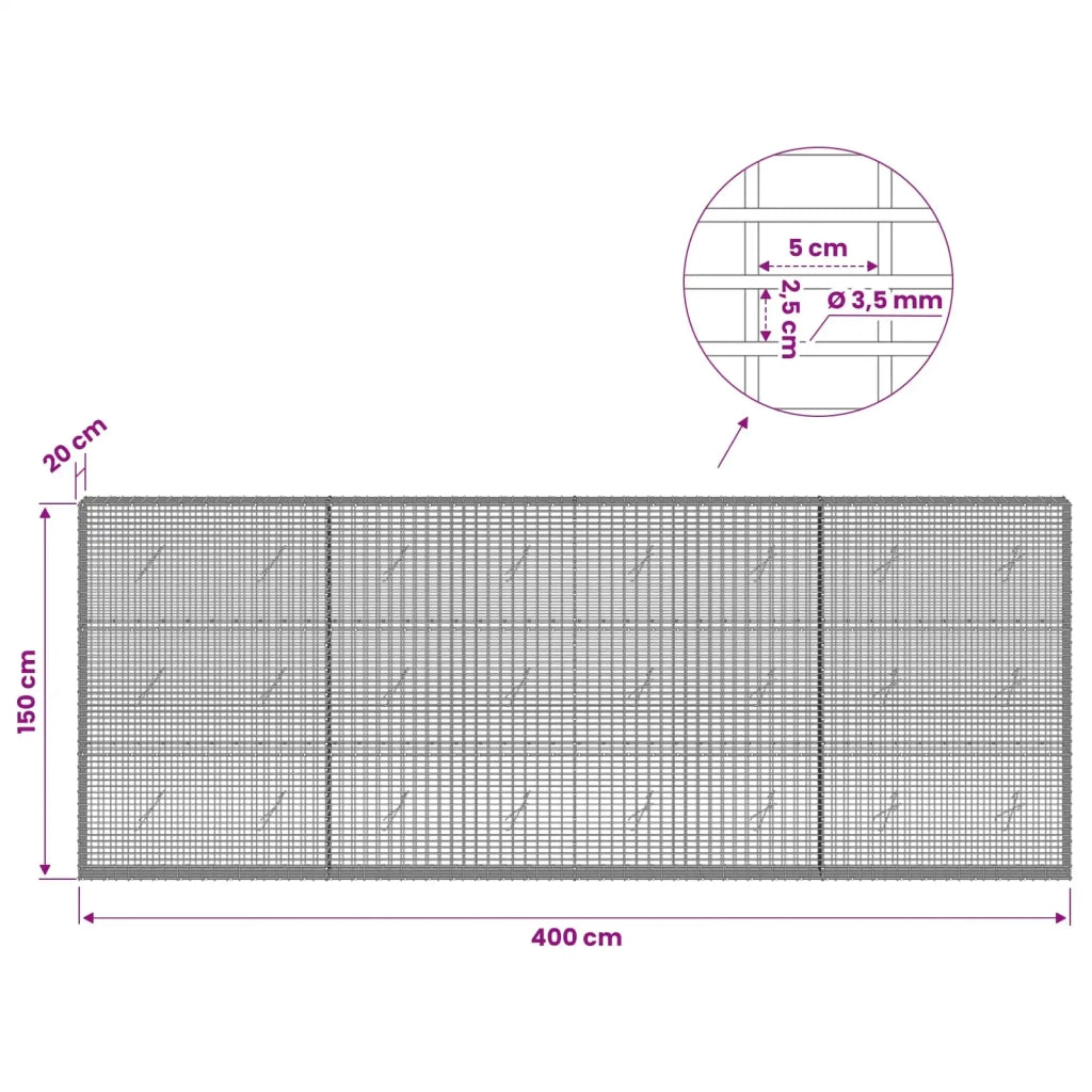 Gabione con filo da 3,5 mm e rete da 5x2,5 cm 400x20x150 cm 3461690