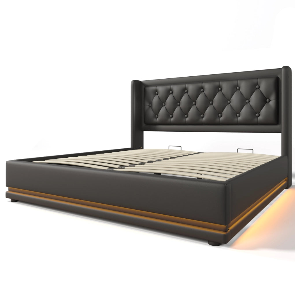 Letto matrimoniale imbottito con contenitore 140x200 cm in PU nero; LED e USB-C