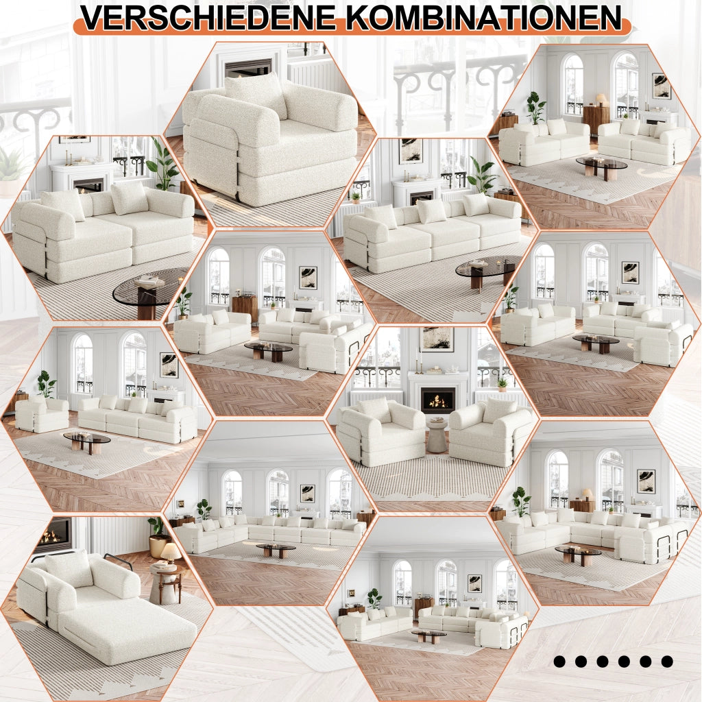 Divano letto convertibile in ciniglia con vano nel bracciolo, struttura in acciaio e base antiscivolo beige