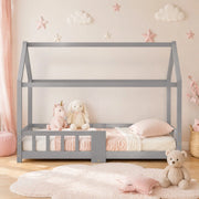 Letto a casetta per bambini 90 x 200 cm in legno di pino grigio con lavagna e sponde di sicurezza