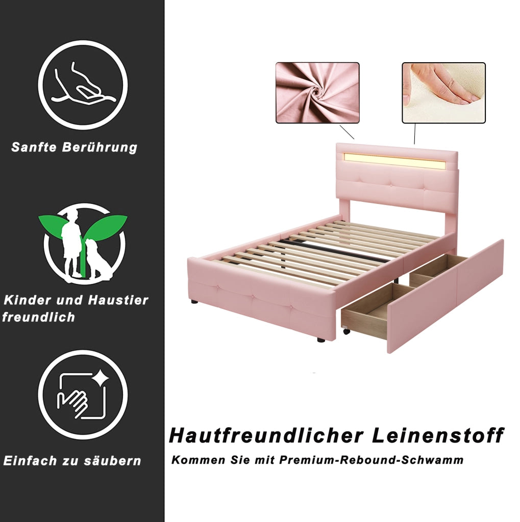 Letto singolo imbottito 90x200 cm con LED e 2 cassetti; rosa