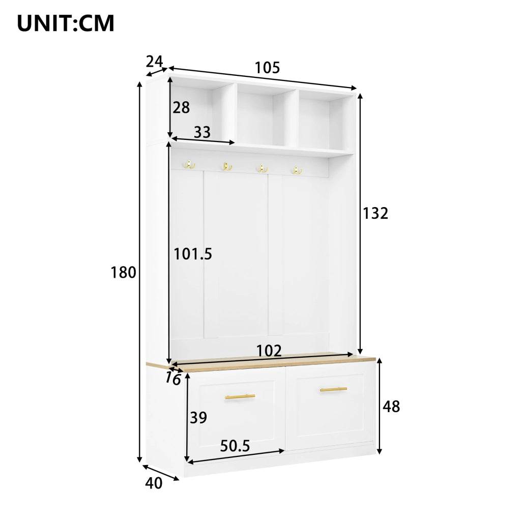 OKWISH Mobile da ingresso con 2 Ante, Panca, 4 Ganci e Vani Aperti, MDF, Naturale e Bianco, 105 x 40 x 180 cm