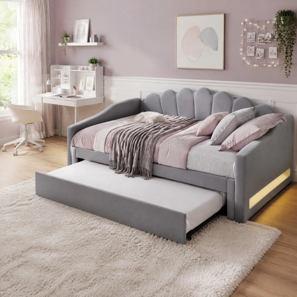 DESMIU Divano Letto 140 × 200 cm 2 Posti con LED, letto estraibile, senza materasso, in MDF e compensato, grigio