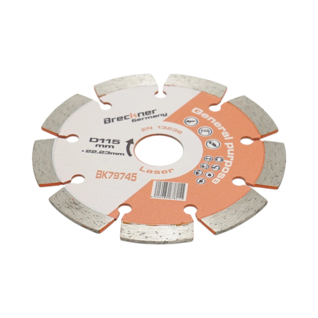 Disco diamantato segmentato 115x22,23 mm, segmento 10 mm per mattoni, calcestruzzo, muratura, archi, pietra Breckner Germany