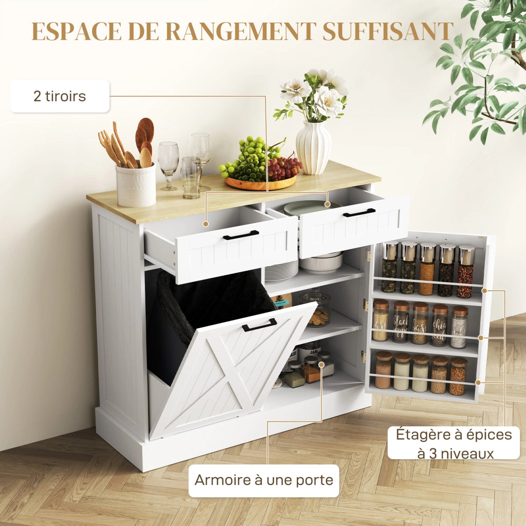 Mobile da cucina con cestino 38L, 2 cassetti, ripiano spezie e piano lavoro ¨C zephmum ¨C bianco