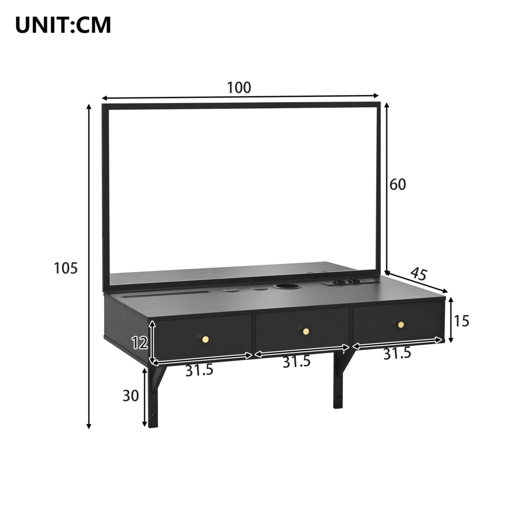 Tavolo da trucco 100x45x105 cm con specchio e 3 cassetti in truciolare nero