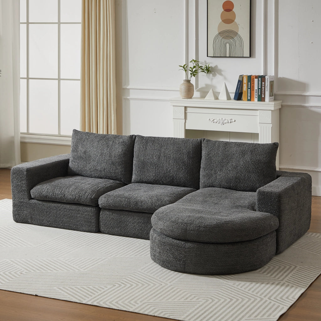 Divano angolare modulare in ciniglia con chaise longue reversibile e supporto in ferro, cuscini cervicali grigio
