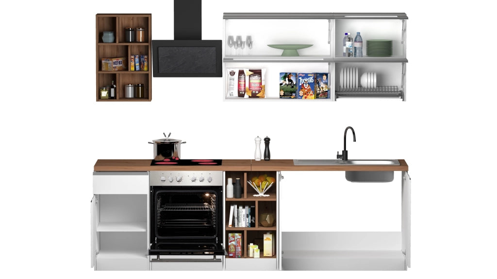 Cucina Lineare Moderna SOLE 256 cm – Bianco Lucido e Rovere, Soft Close
