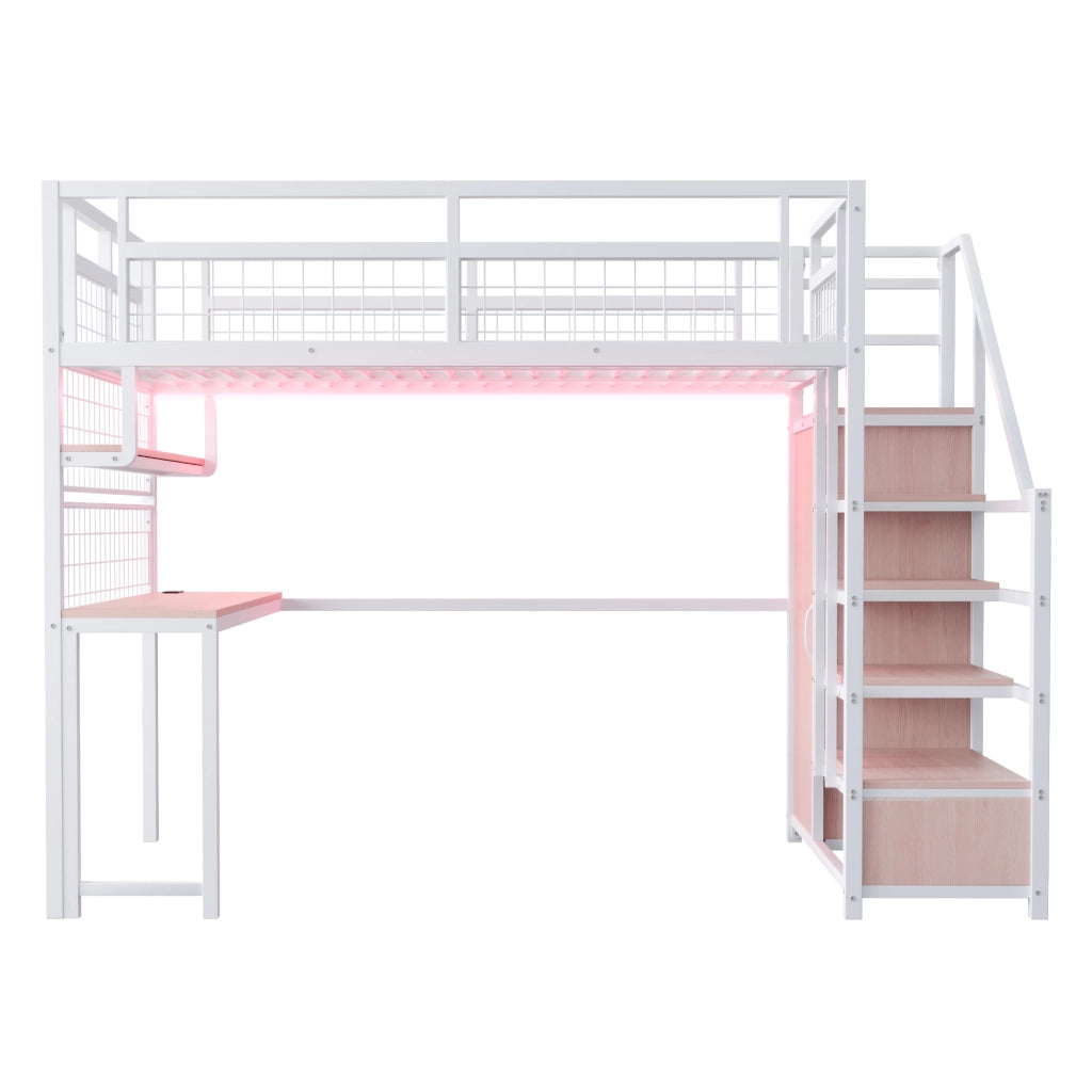 Letto a soppalco in metallo 140x200 cm con scrivania, scaffale, armadio integrato e scala contenitore, Bianco