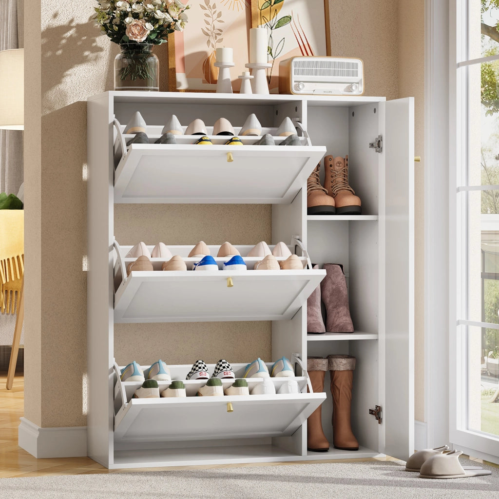 Scarpiera stretta a 3 ribalte e 1 anta; 90x25x114 cm; bianco