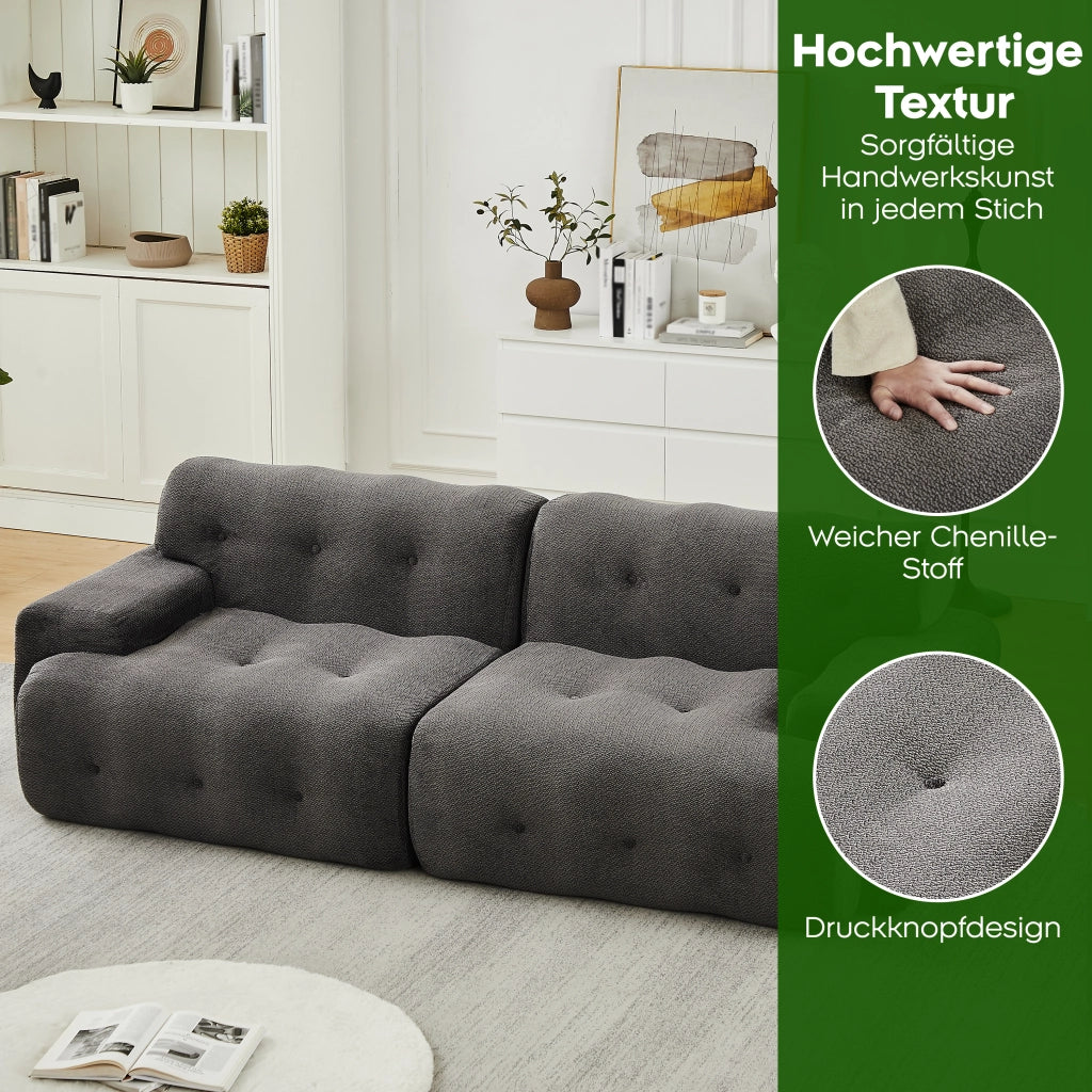 Divano dritto in ciniglia con braccioli ampi, imbottitura con bottoni e seduta profonda grigio 224 × 104 × 66 cm