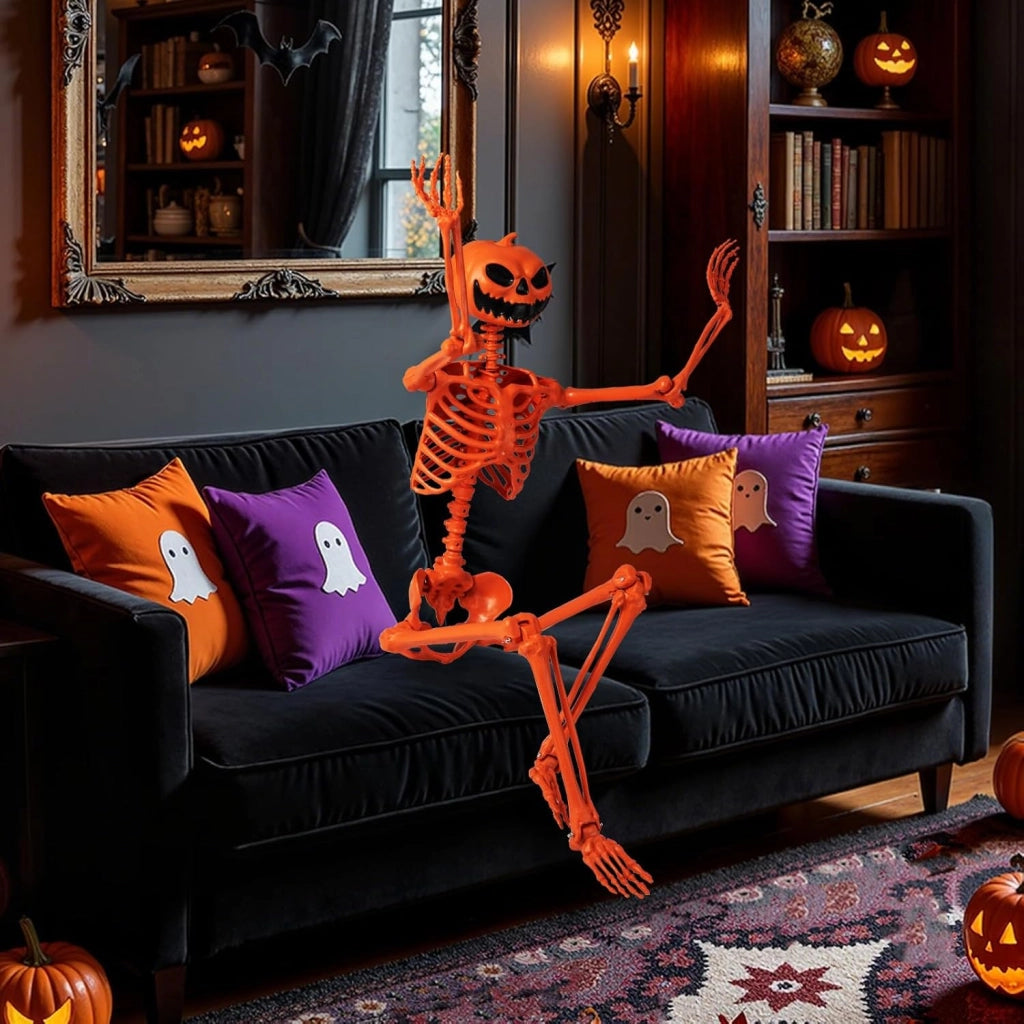 COSTWAY Scheletro di Halloween Arancione 158 CM, Scheletro a Grandezza Naturale con Testa di Zucca e Articolazioni Mobili per Decorazioni da Interno ed Esterno, Casa Infestata e Festa