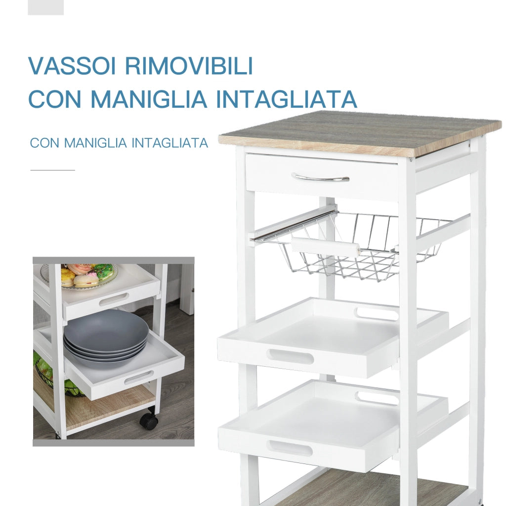 Easycomfort Carrello da Cucina Salvaspazio in Legno di Pino e MDF, Carrello Portaoggetti con Cassetto, Cestello, 2 Vassoi e 4 Ruote Universale, 37x37x82cm, Bianco