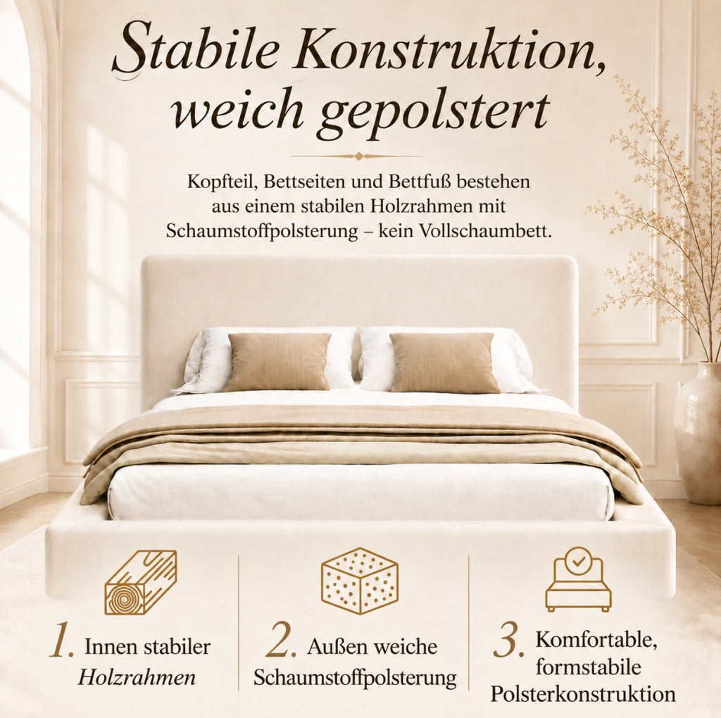 Letto matrimoniale imbottito 180x200 cm con rete a doghe e testiera in tessuto chenille beige