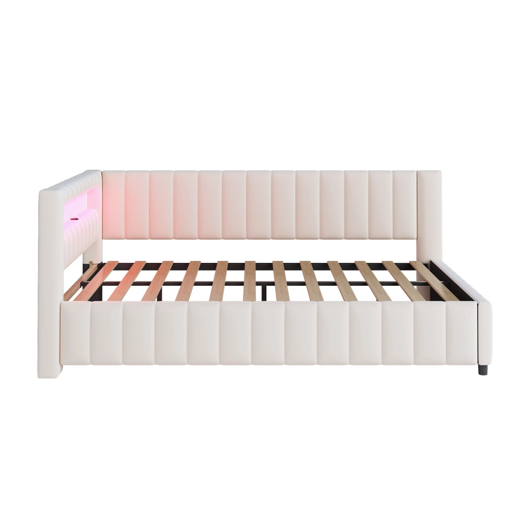 Letto a Divanetto 140 x 200 cm; con LED e USB; con Schienale e Testiera; in Velluto; Beige