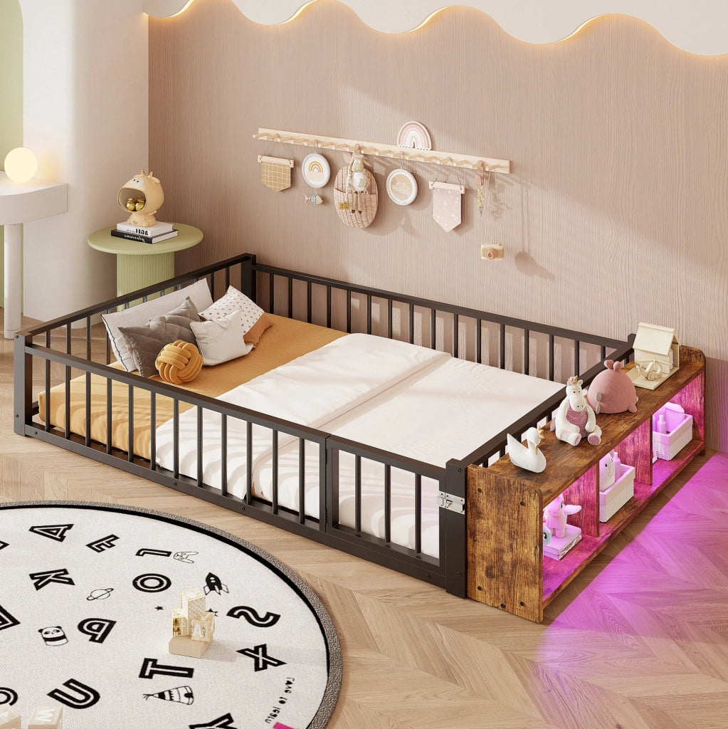 Letto in metallo 140x200 cm con contenitore aperto e luci LED