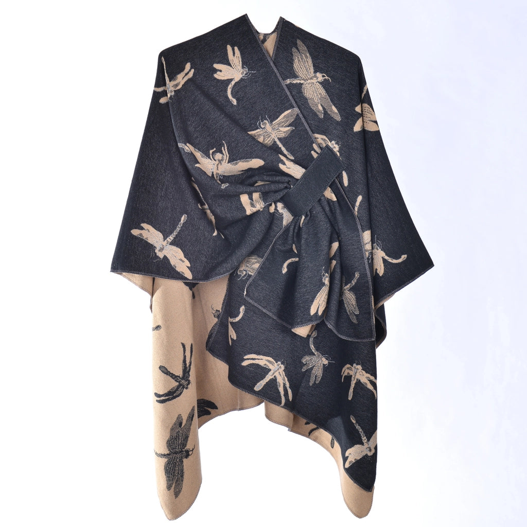 Nuovo scialle jacquard versatile con motivo a libellula per donna, stile etnico autunnale, morbido e caldo.