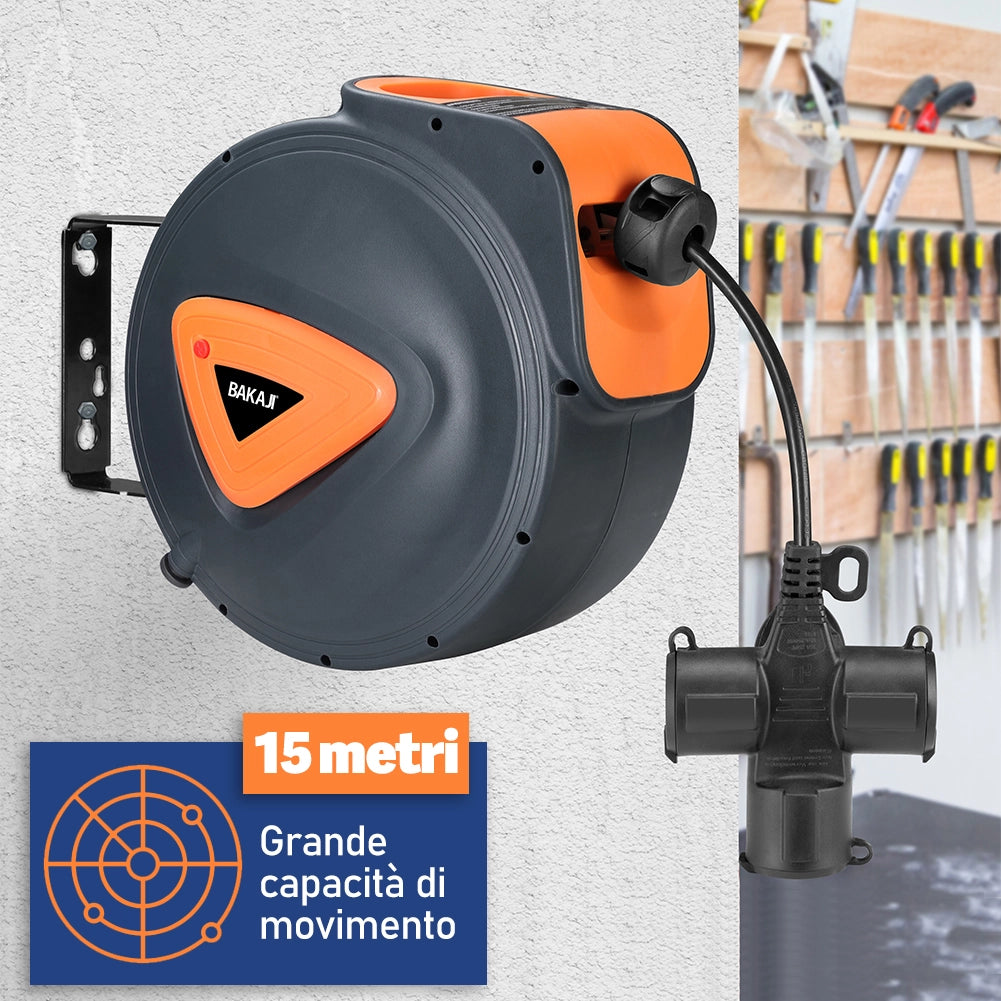 Avvolgicavo Elettrico 15 Metri Rotante a 180° con Multipresa a 3 Teste e Guanti Nero e Arancione