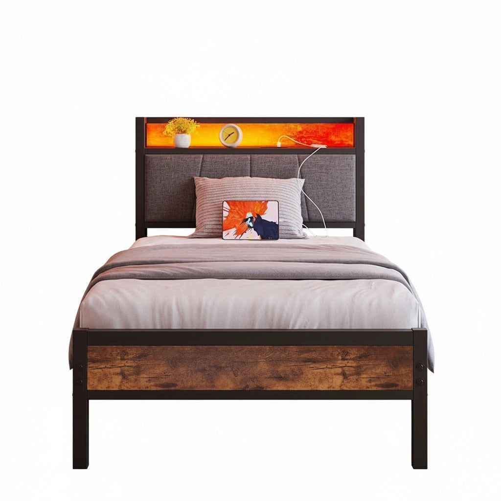 Struttura letto-Xylo-90x200cm,Nero,Con illuminazione LED e porte di ricarica USB-