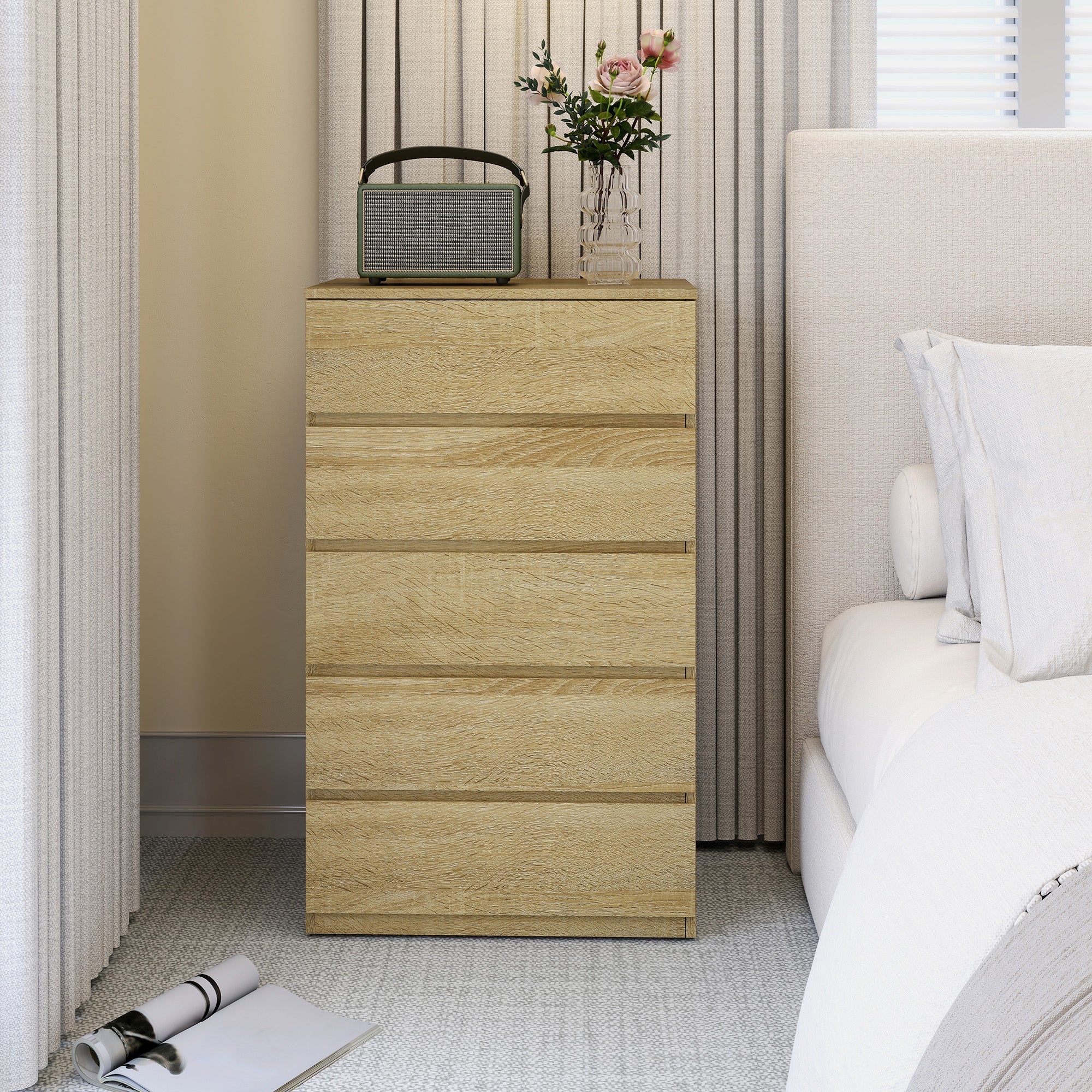 Cassettiera 5 Cassetti 60x39x100 cm in Legno con Guide in Metallo e Maniglie Scanalate color Faggio