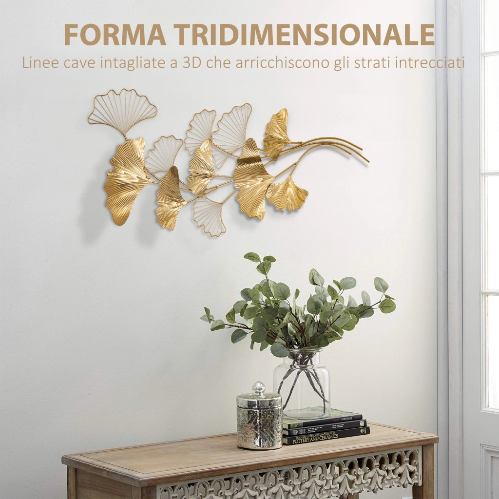Decorazione Murale Metallo 3D Foglie Ginkgo ¨C Xylo ¨C Dorato 138x70cm