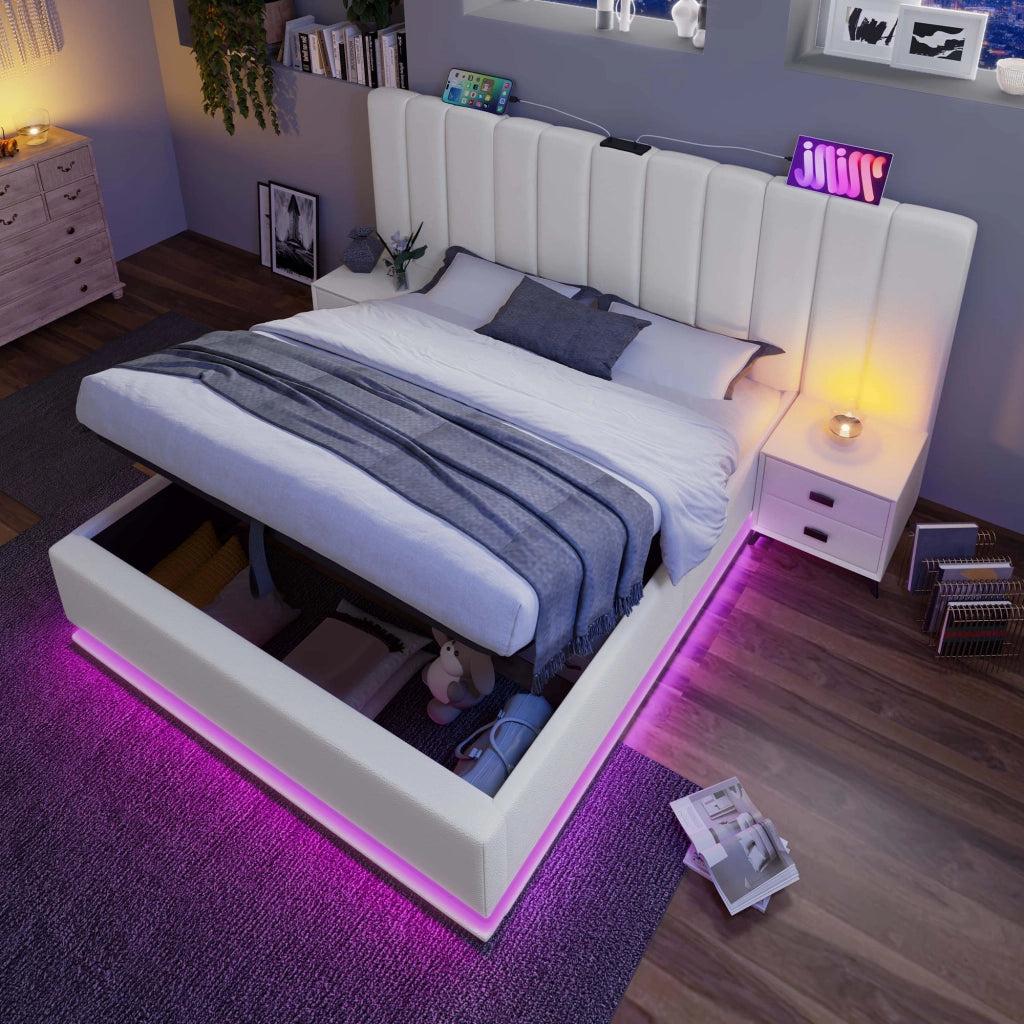 Letto Contenitore Letto Matrimoniale 180x200 cm; USB; Type-C; LED; PU; Bianco