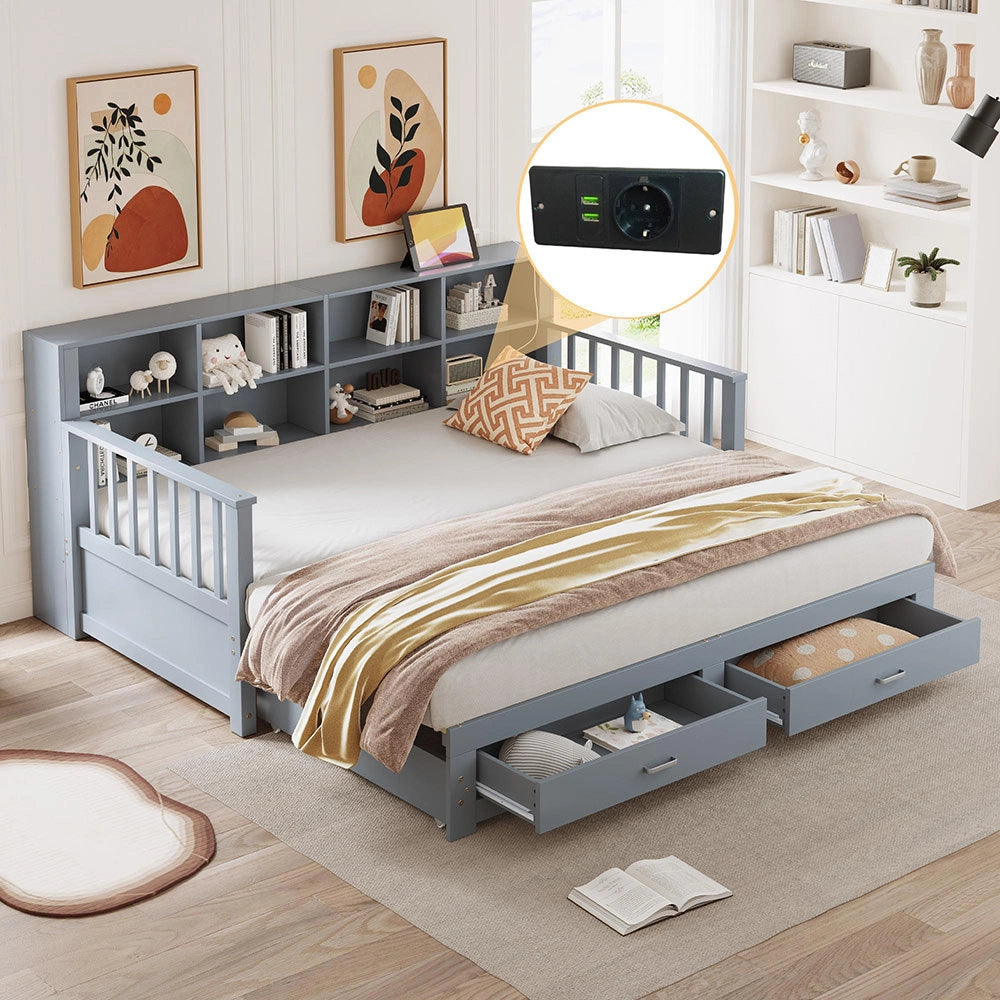 Divano letto estensibile 90/180x190cm - Xylo - grigio, 2 cassetti, doghe