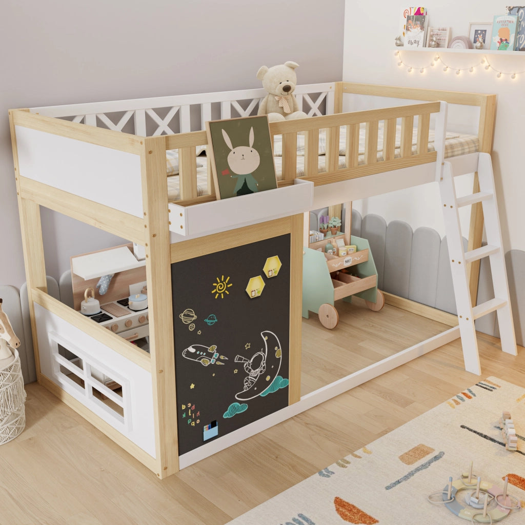 Letto a soppalco per bambini 90x200 cm in pino e MDF bianco con contenitore -