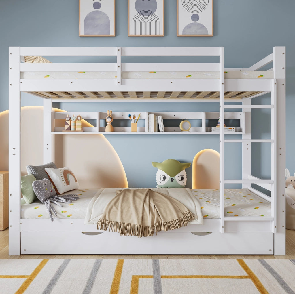 Letto a castello per bambini con letto estraibile; mensola da 2 m e scala; bianco 90x200 cm