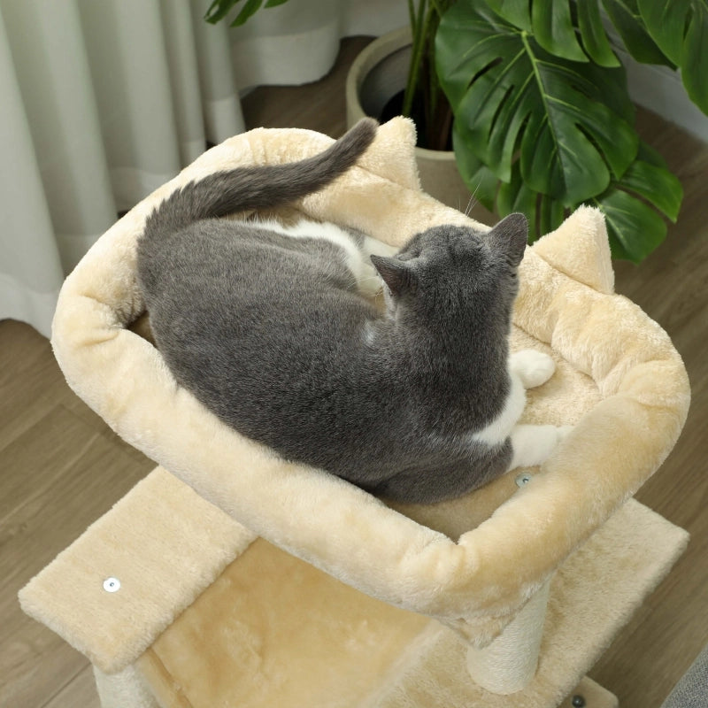Tiragraffi per gatti multi-livello con amaca, cuccia e gioco a pallina, 48 x 48 x 90 cm, bianco crema