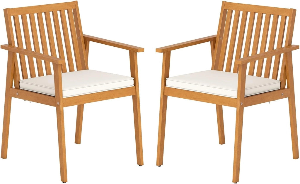 Set di 2 sedie da giardino in legno di acacia con cuscino imbottito, braccioli e piedini regolabili, sedia da cucina fino a 180 kg, per patio e terrazza, 64 x 59 x 86 cm (beige)