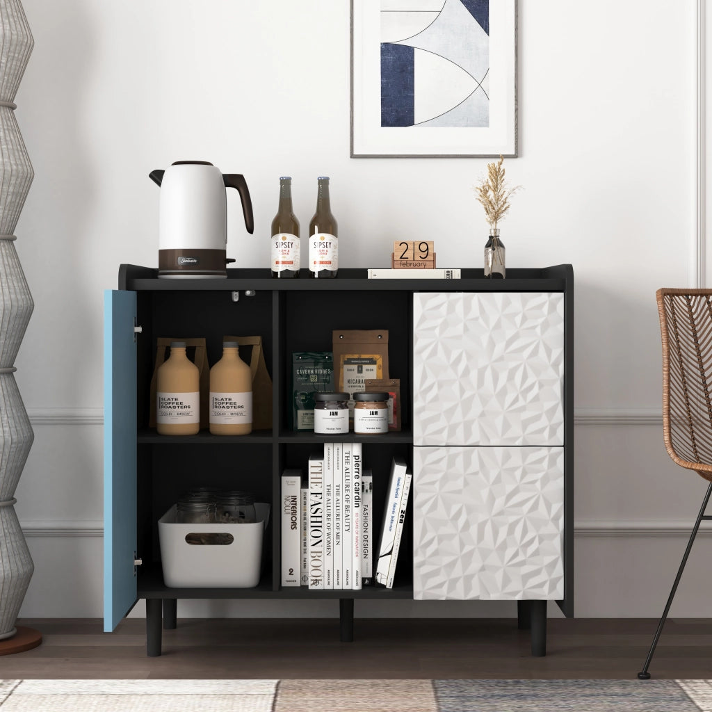 Madia con 2 Cassetti; 2 Vani Aperti e 1 Anta per Cucina o Sala da Pranzo in MDF 90 × 40 × 80 cm Nero e Blu