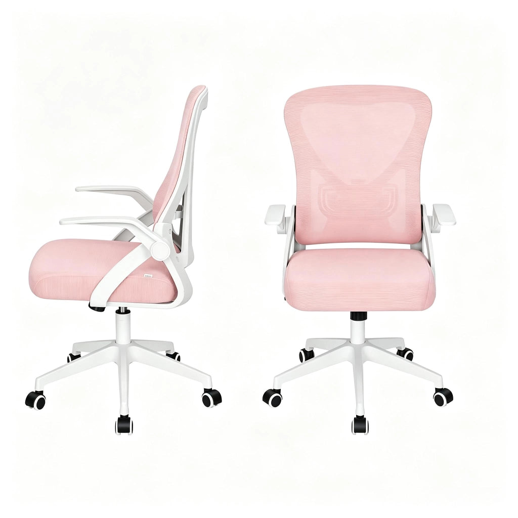 Sedia da ufficio girevole ergonomica con schienale reclinabile e braccioli pieghevoli, seduta in rete e schiuma rosa