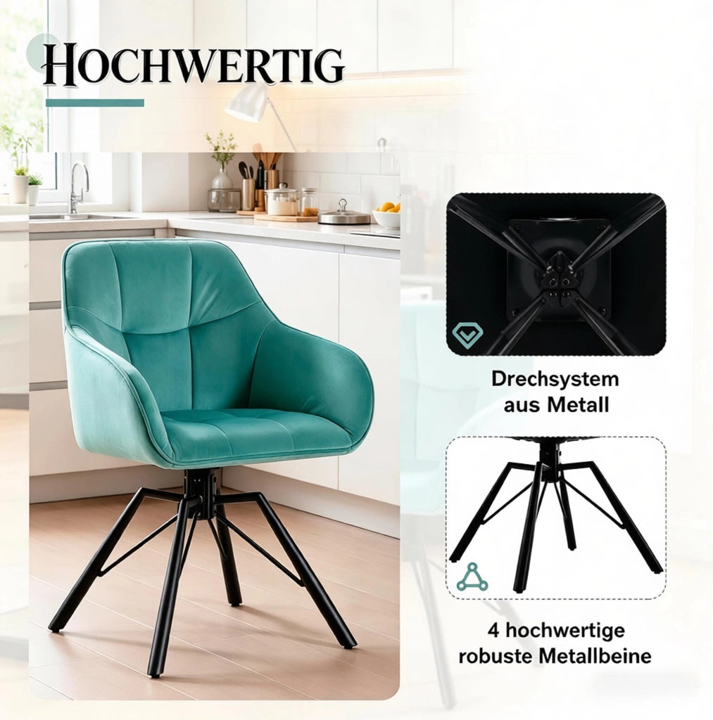SEDIA Girevole 58,5x82,5x54,5 cm Velluto Turchese Set da 2 pezzi