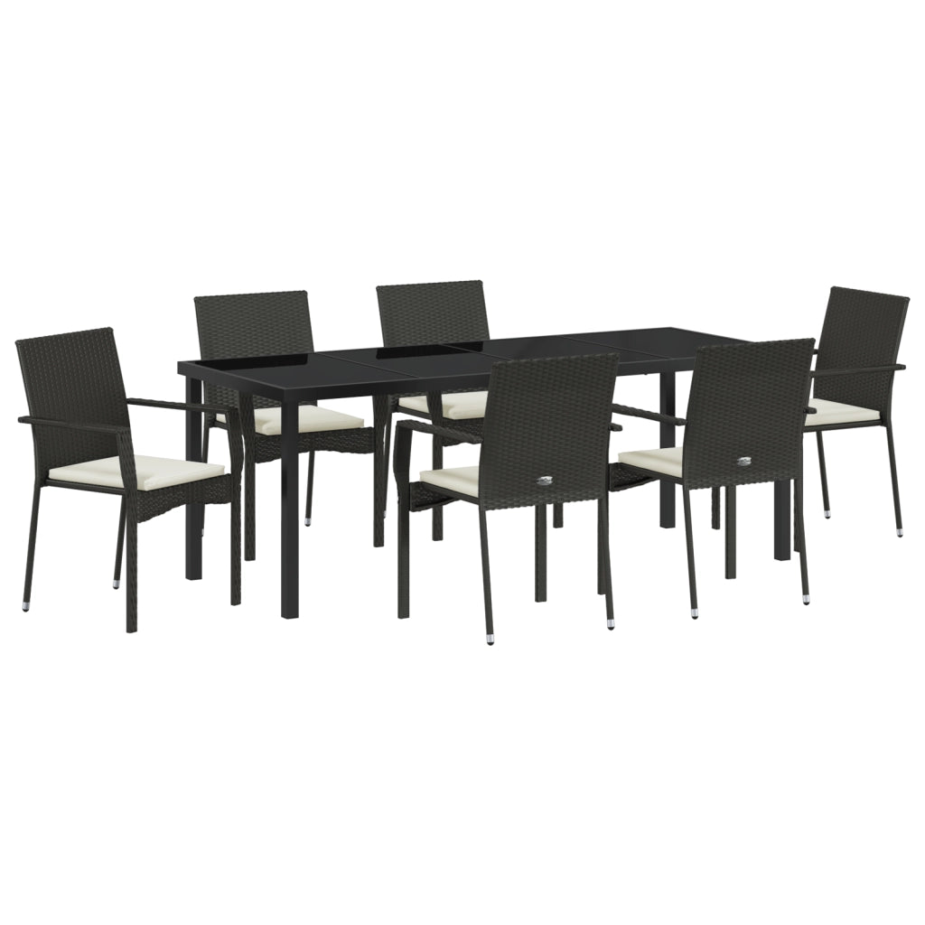 Set da Pranzo da Giardino 7 Pezzi con Cuscini Nero Polyrattan