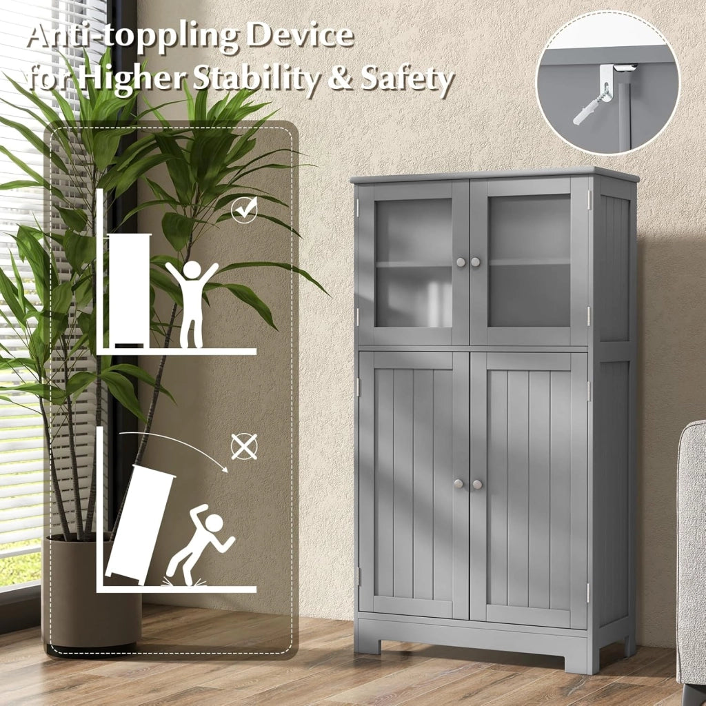 Mobile da bagno con 4 porte, ripiano regolabile a 3 livelli, cassettiera in legno per WC, ingresso, soggiorno e cucina, 60 x 30 x 109 cm (grigio)