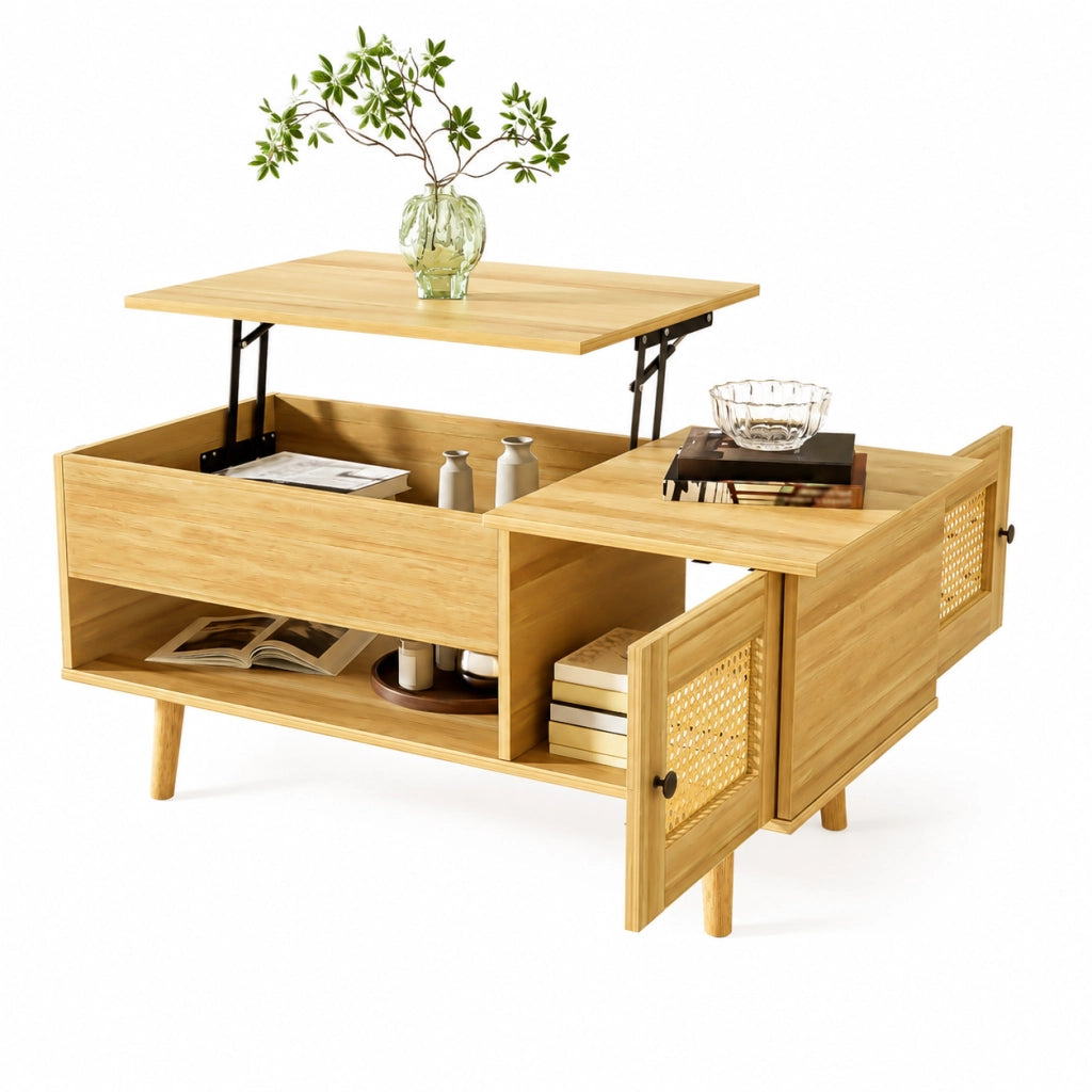 Tavolino da salotto 103x50x46 cm; piano sollevabile con spazio contenitore; truciolato; colore naturale