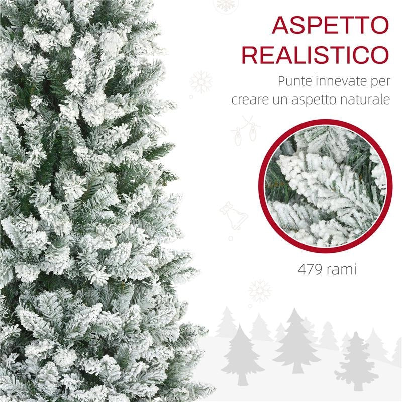 ALBERO DI NATALE 180CM CON 479 RAMI INNEVATI, DESIGN ALTO E STRETTO CON BASE PIEGHEVOLE, VERDE