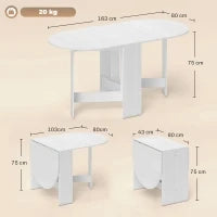 Tavolo Pieghevole per 6 Persone con 2 Ribalte Ovale in Legno, 163x80x75 cm, Bianco