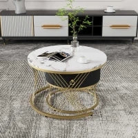 Set di 2 Tavolini da Salotto Moderni Modulari in Marmo Sintetico con Dettagli Dorati e Cassetti, Dimensioni 70x70x45 cm e 50x50x40 cm, Bianco